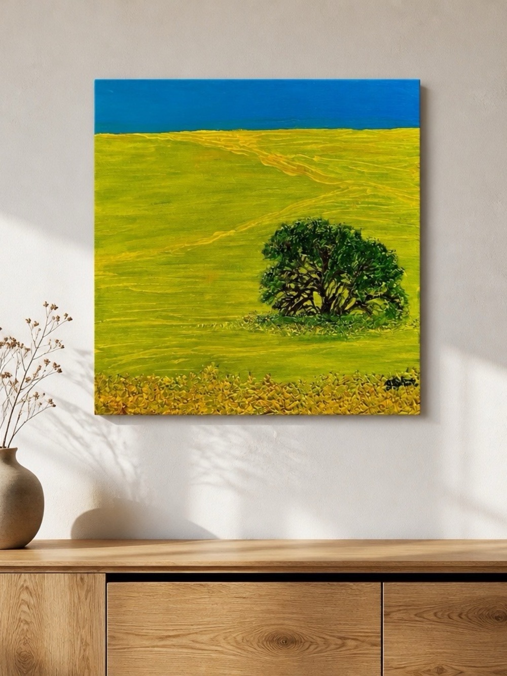 Serene Green and Yellow Landscape Paintingmus